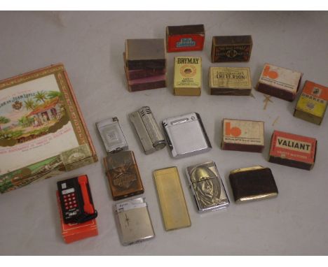 QUANTITY OF LIGHTERS AND MATCHBOXES PLUS CIGAR BOX INCLUDING CALIBRI 523 BRASS AND LEATHER LIGHTER