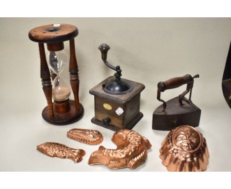 A mixed lot of vintage and antique items, to include 'The Spade' hand cranked coffee grinder, iron, jelly moulds and large eg