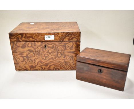 An antique tea caddy having two internal compartments and a larger highly figured Hungarian Ash box.