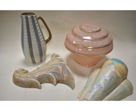 Two Art Deco wall pockets, including Beswick 506 and Crown Devon, a mid century jug and a pink mottled glass lamp shade.