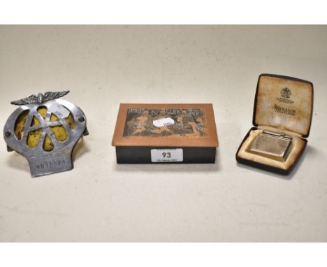 A vintage AA membership badge, No 0B18974, a Ronson Varaflame lighter in box and a mixed lot of jewellery, Silver Jubilee coi