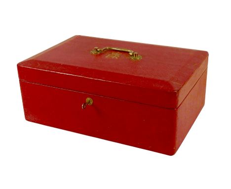 An Elizabeth II red Morocco leather British government dispatch box with gilt embossed ERII cipher to the top, gilt top handl