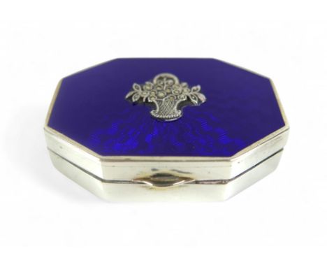 A 925 silver guilloche enamel patch pot of octagonal form set with a flower basket, 4.5 by 3 by 1cm high, 26.7g/0.8toz.