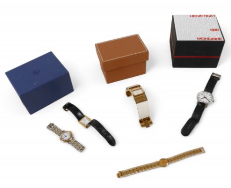A group of five wrist watches, comprising two Raymond Weil, one with round face, roman numerals, date aperture, two color ste