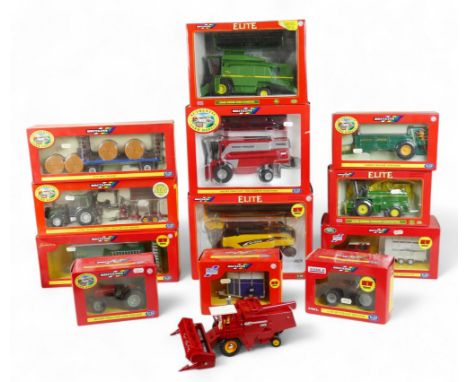 A collection of thirteen Britains 1:32 scale die cast farm vehicles, twelve boxed. (13)