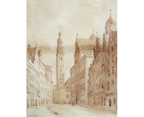 Augustus Welby Northmore Pugin (1812-1852): a watercolour of a continental street scene, with tall church tower to the centre