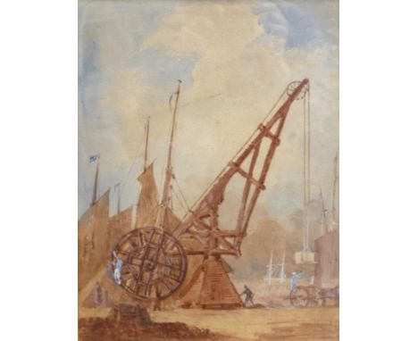 Augustus Welby Northmore Pugin (1812-1852): a watercolour of a wooden shipyard crane with large wheel loading freight, two fi