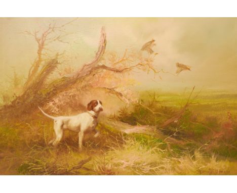 Eugene Kingman (1909 - 1975), oil on canvas of brown and white hunting dog in a grassy landscape, framed, 69 x 59cm, signed l