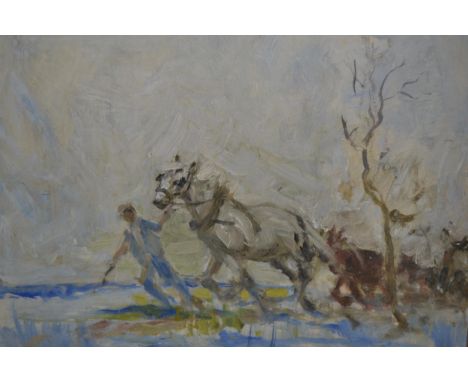 Oil sketch on board, figure with a team of horses, inscribed on frame plaque 'Edmund Blampied', together with a pencil drawin