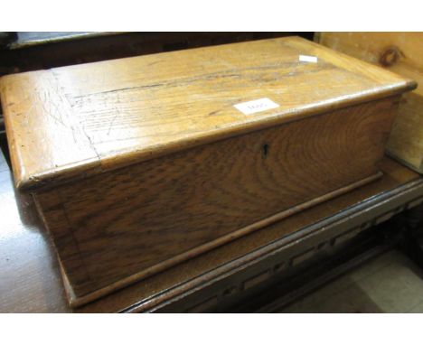 Small oak box with hinged cover, another larger pine box and a blue travel trunk 