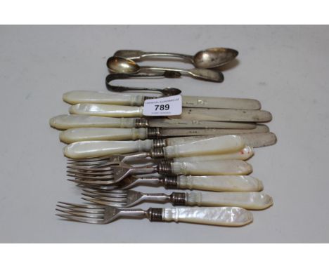 Five Birmingham silver mother of pearl handled tea knives with six matching forks, two silver spoons and a pair of miniature 