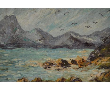 20th Century oil on board, rocky coastal seascape, bearing initials L. M. H., in a swept gilt frame, 34cm x 44cm 
