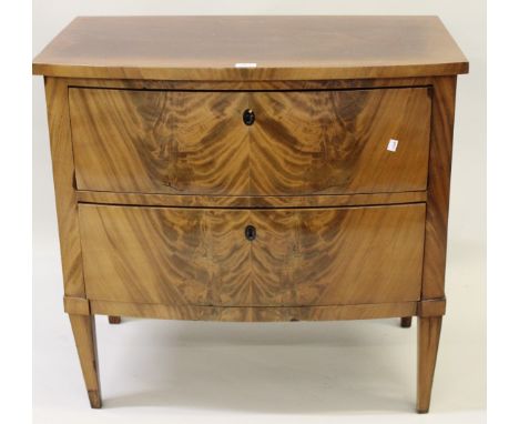 Small 19th Century Continental figured mahogany two drawer commode on square tapering supports, 83cm wideSome veneer repairs,