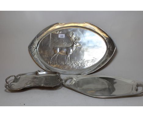 Continental silvered pewter oval dish relief decorated with a stag in a landscape, 51.5cm wide together with an oval pewter d