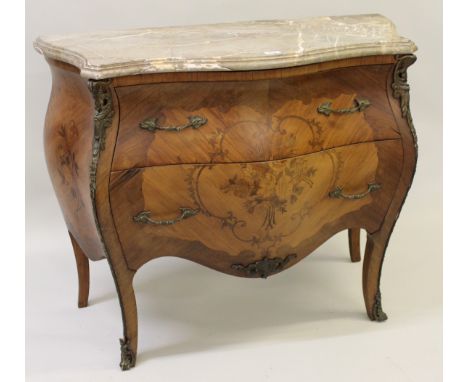 Early 20th Century Continental Kingwood and marquetry inlaid bombe commode, the flecked marble top above two deep drawers wit