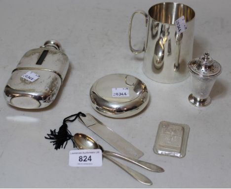 Circular silver snuff box, two silver spoons, silver bookmark and a silver bullion coin, together with a plated hip flask, Ch