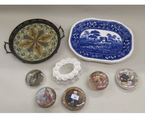 Pair of Copeland Spode blue and white Tower pattern decorated meat plates, five various Prattware pot lids (two with bases), 