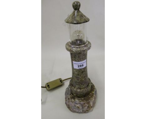 Lizard serpentine stone table lamp in the form of a lighthouse (with associated leaflet), 30cm high 