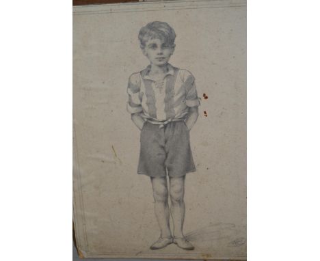 Unframed pencil sketch of a young boy in shorts bearing monogram AB, unframed, 26cm x 20cm, an unframed print and a  framed w