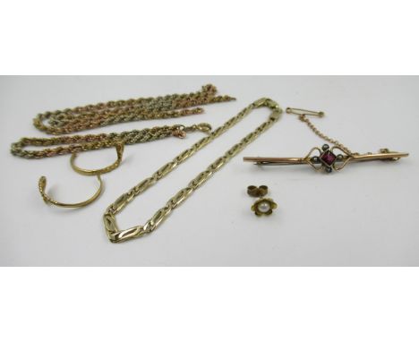 Victorian 9ct split seed pearl and garnet set bar brooch, 14ct yellow gold bracelet and a small quantity of 9ct gold (at faul
