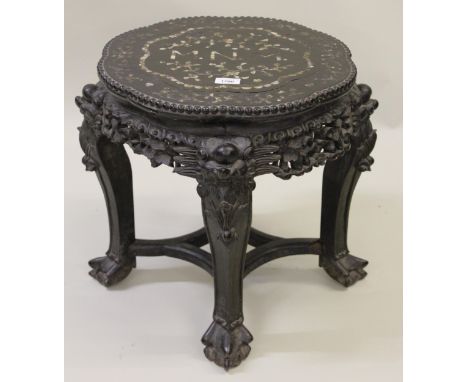 Chinese hardwood and mother of pearl inlaid jardiniere stand, 46cm highSome damages as shown in photos 