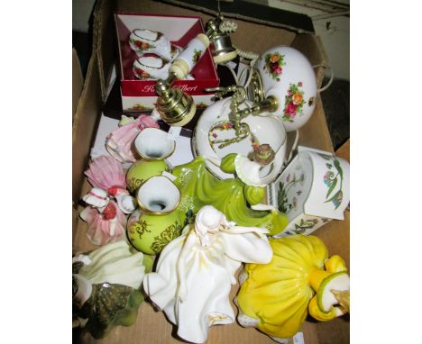 Collection of seven various Royal Doulton figures, Portmeirion mantel clock, two French vases, a dish and a quantity of Old C