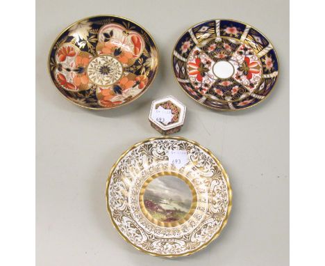 Royal Crown Derby small hexagonal trinket box together with 19th Century Derby saucer painted with Loch Doon and two other sa
