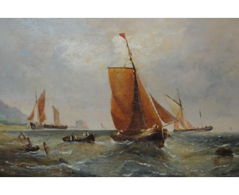 George Knight, signed 19th Century oil on canvas, maritime scene with boats off the coast, 30cm x 60cmSome signs of overpaint