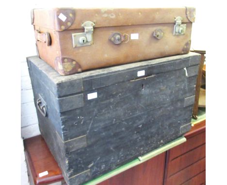 Late 19th / early 20th Century wooden and iron bound tool trunk with hinged cover and side carrying handles, together with a 