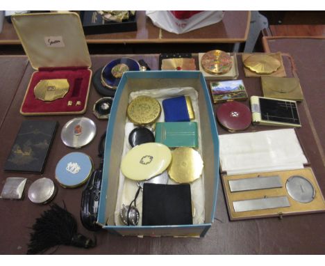 Box containing a large collection of various compacts including rectangular enamel decorated with a landscape, Lerage Wonder 