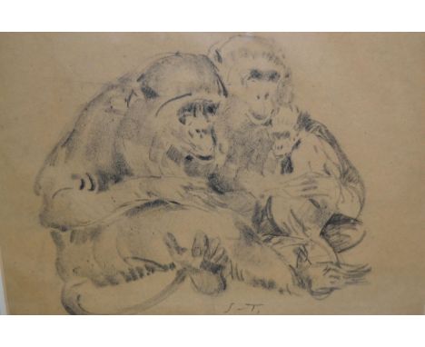 Charcoal sketch, study of a family of monkeys, signed with initials S.T., 32 x 38cm approximately, framed 