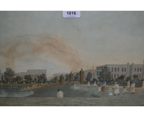 19th Century lithograph, Indian city scene with figures bathing and others walking in a park to the foreground, 25 x 42cm app