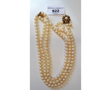 Triple row cultured pearl necklace with 14ct gold clasp (at fault) 