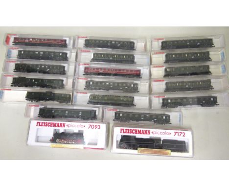 Quantity of Fleischmann Piccolo ' N ' gauge miniature model railway carriages and two locomotives numbered 7172 and 7093, all
