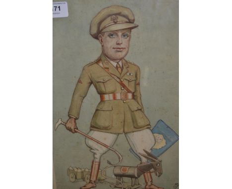 Watercolour, caricature study of an Army officer together with a Victorian overpainted print, portrait of a lady 