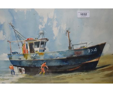 Robert Bellamy, watercolour, fishing boats at low tide, 29 x 65cm, in a silvered frame together with a framed map of Surrey a