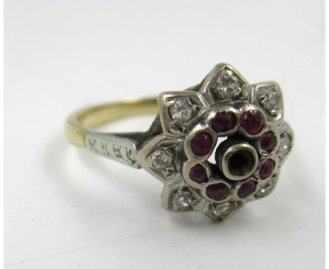 18ct Yellow gold ruby and diamond chip set ring (one stone missing) 