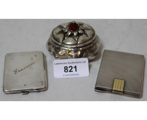 Continental white metal rectangular engine turned compact (lacking mirror), engraved ' Theo Juli 1938 ', together with anothe