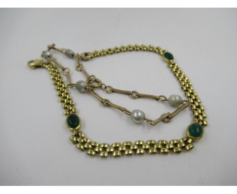 Yellow metal jade set bracelet together with a 9ct gold pearl set bracelet, 11.5g gross 