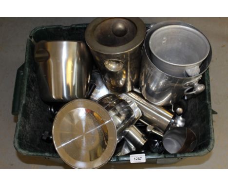 Box containing a quantity of various Danish and London polished steel tea and dinnerware, pair of scales with integral clock 