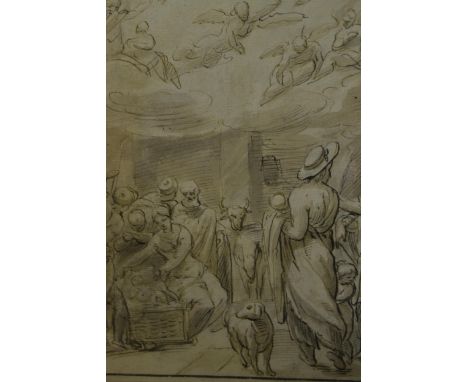 17th / 18th Century ink and wash drawing, adoration scene with angels above, 24cm x 19cmGood overall condition. This is a dra