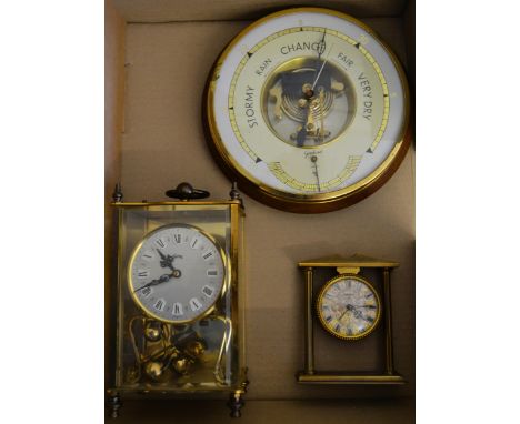 Small brass cased portico style mantel alarm clock with Swiss eight day movement, together with a 1970's Continental mantel c