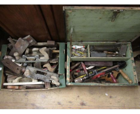 Green painted tool trunk containing a quantity of various woodworking tools and a box containing a quantity of various mouldi