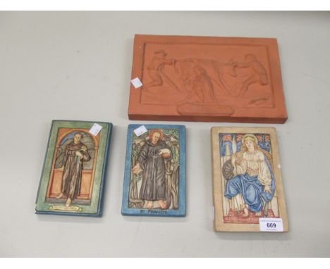 Group of three Compton pottery Guildford plaques, monks etc. and a terracotta plaque ' The Law Suit 'Compton - St Francis is 