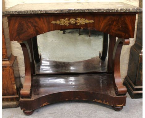 19th Century mahogany console table, the grey flecked marble top above a gilt metal mounted frieze, mirrored back, scroll sha