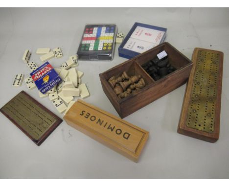 Small quantity of various cribbage boards, dominoes and chess pieces etc. 