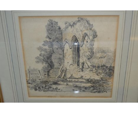 Early 19th Century pencil sketch, ruined monastery, inscribed, 18cm square, 19th Century hand coloured botanical print and a 