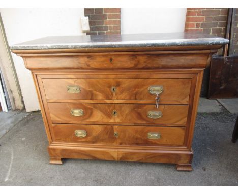 19th Century Continental walnut commode, the grey flecked marble top above an ogee drawer and three various further drawers w