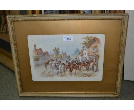 Orlando Norie, group of four watercolours, the Warwickshire Hussars on horseback outside a country inn, ' The Field Camp ' of