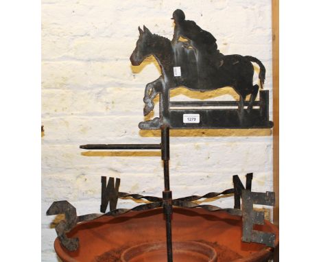 20th Century wrought iron weather vane with horse and rider surmount, 76 x 61cm 